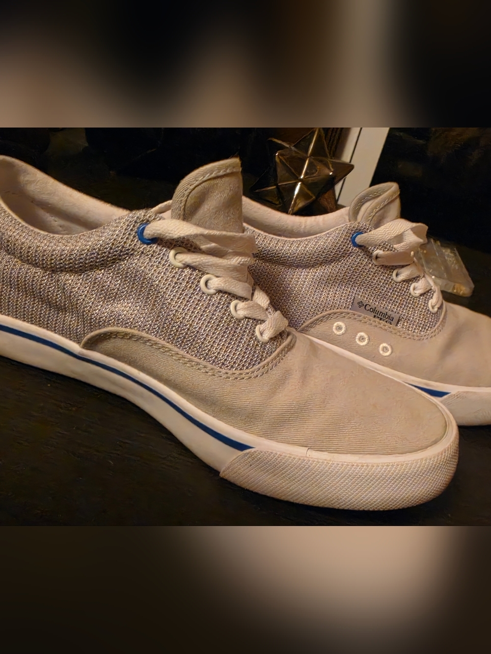 Columbia Light Gray and Blue Knit High-Top Sneakers